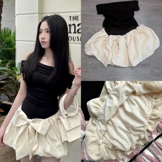 Set Váy Tiểu Thư Chất Liệu Tăm Trễ Vai Phối Thô Đính Nơ( Có quần ) Thiết Kế Bồng Bềnh Sang chảnh MS56