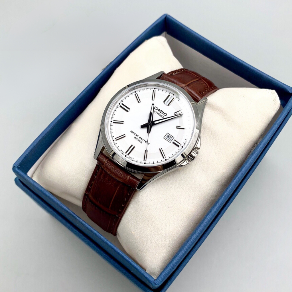 Đồng Hồ Nam MTS-100L-7AVDF Mặt Kính Sapphire Trắng 41.3mm Chống Nước Dạ Quang Dây Da Nâu Chính Hãng Casio