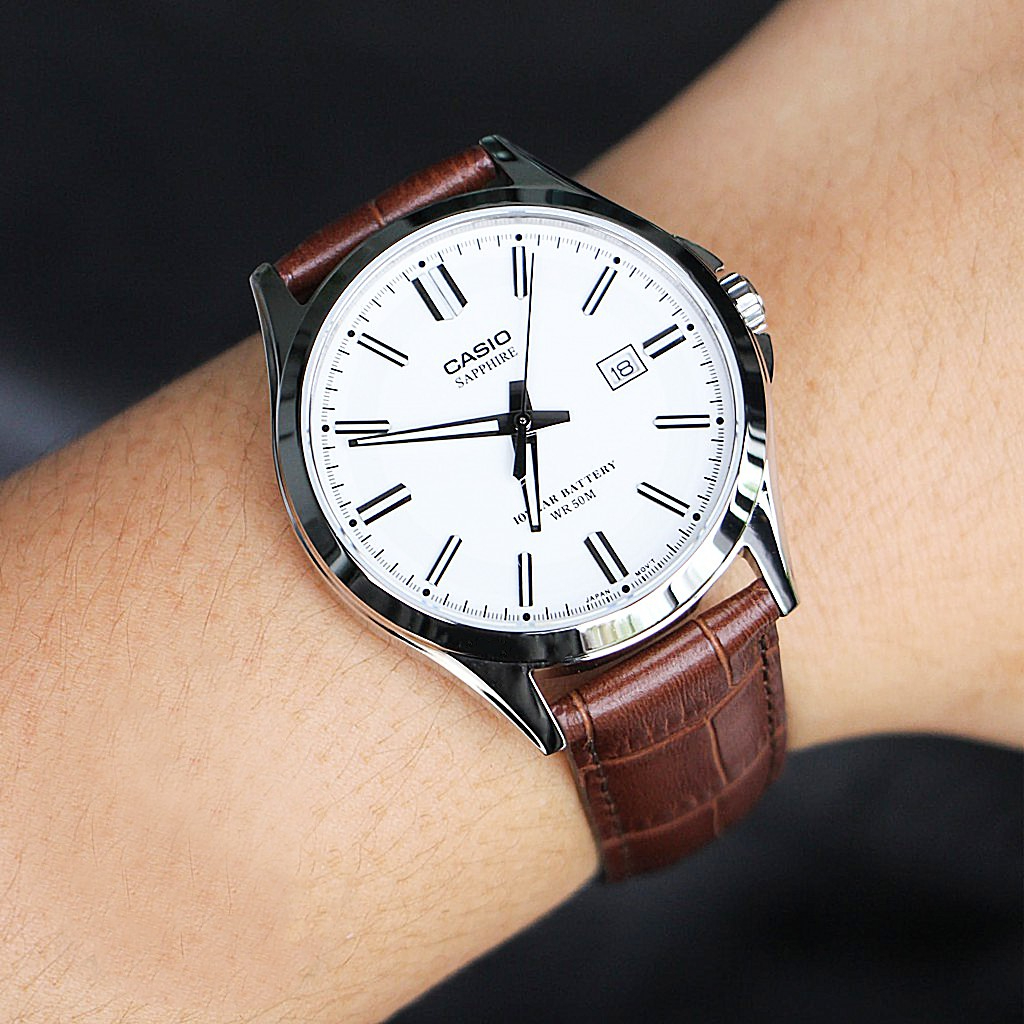 Đồng Hồ Nam MTS-100L-7AVDF Mặt Kính Sapphire Trắng 41.3mm Chống Nước Dạ Quang Dây Da Nâu Chính Hãng Casio