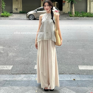 Set yếm trơn đính nơ kèm quần xuông ống rộng, đồ bộ áo yếm sát nách đính nơ quần suông rộng vải đũi đi chơi biển xinh