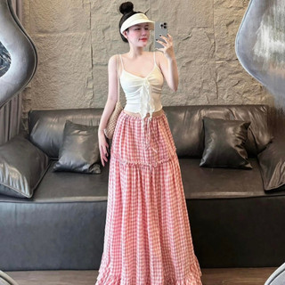Set 2 món áo hai dây thắt nơ ngực kèm chân váy dài kẻ caro, set lẻ áo 2 dây kèm chân váy xòe bèo kẻ sọc hồng đi biển
