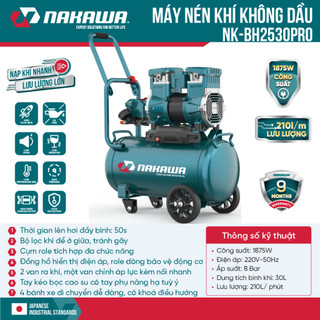 Máy nén khí không dầu nakawa nk-bh2530pro công suất 1875w, dung tích bình 30l