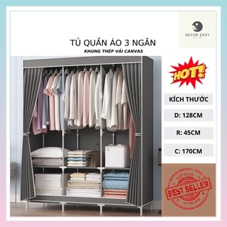 Tủ Quần Áo 3 Ngăn - Tủ Để Quần Áo Khung Thép Chắc Chắn Vải Canvas Không Xù Lông Có Rèm Che Bụi