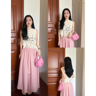 Petbychang - Set áo ren chỉ và chân váy midi hồng dáng dài