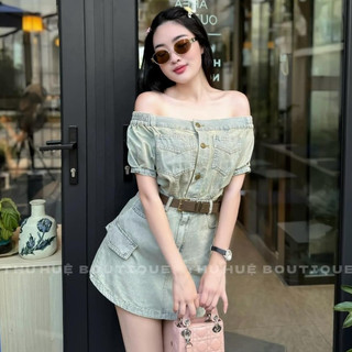 VÁY JEAN TRỄ VAI KÈM ĐAI 2 màu