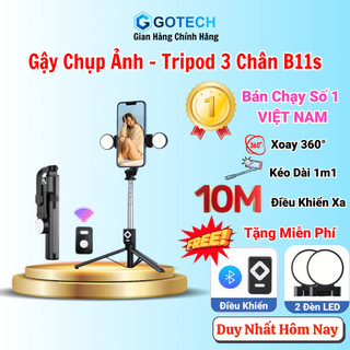 Gậy Selfie Chụp Hình Tự Sướng 3 Chân B11S, Kẹp Điện Thoại Xoay 360 Độ Tặng 2 Đèn LED Trợ Sáng, Điều Khiển Bluetooth 10m