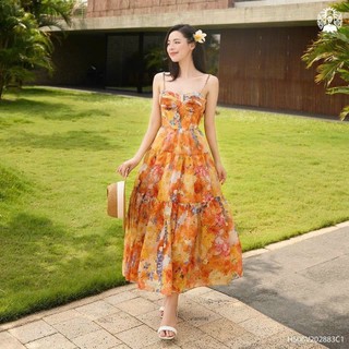 Đầm Maxi 2 Dây Mặc Đi Biển Chất Voan Hoa Mịn Mát , Dáng Váy Xòe Tầng Sexy Gợi Cảm
