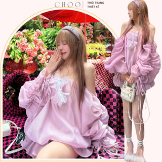 CHERRY DRESS| Đầm tiểu thư trễ vai tay bồng thiết kế phối tơ hoa - (Kèm quần)- CHOO.VN