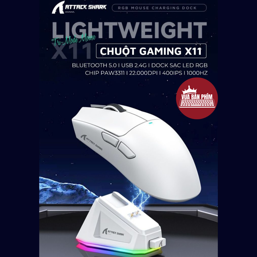 Chuột máy tính không dây gaming Attack Shark X11 / x11 bluetooth,dock sạc , chip Paw 3311 siêu mạnh ,Pollingrate 1Khz | BigBuy360 - bigbuy360.vn