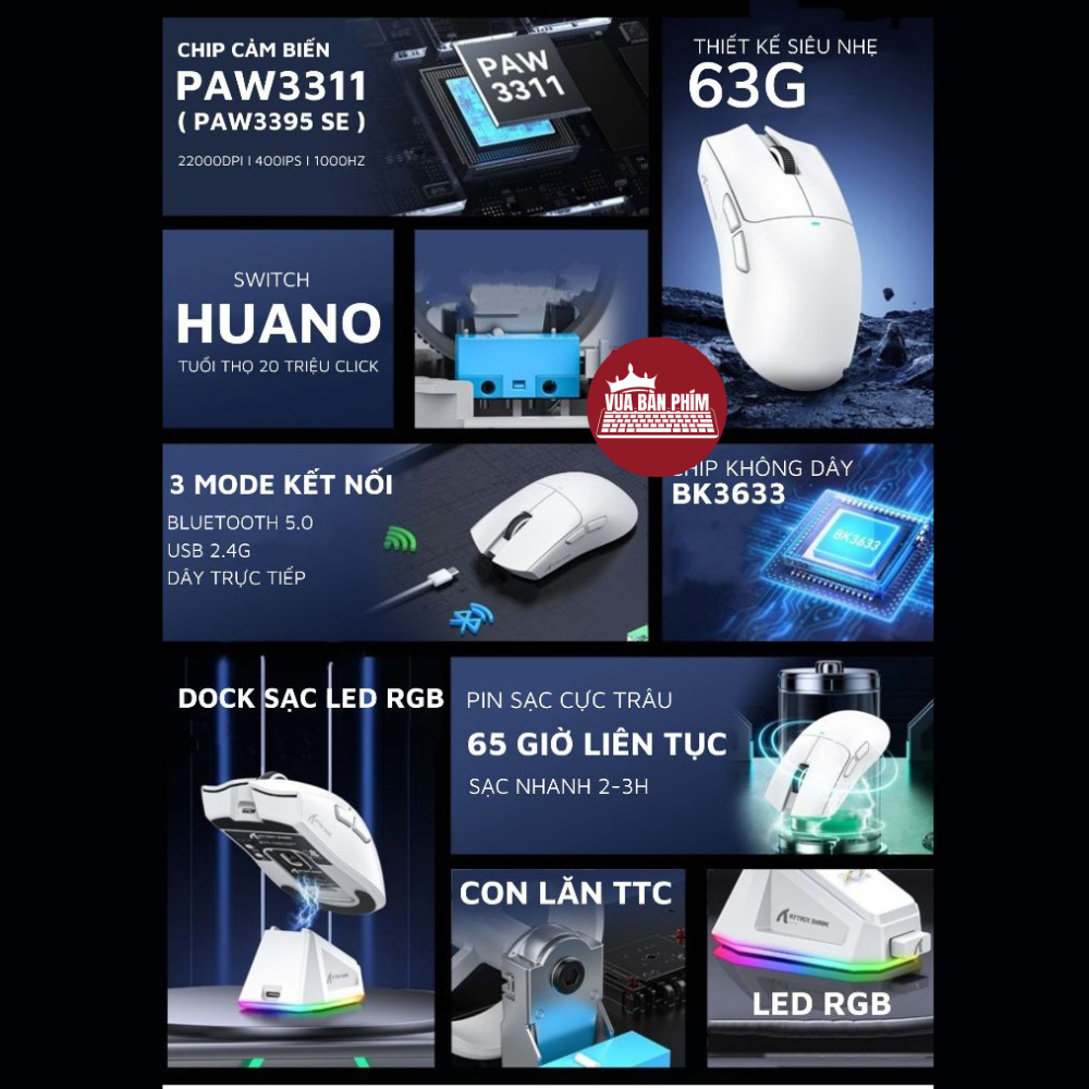 Chuột máy tính không dây gaming Attack Shark X11 / x11 bluetooth,dock sạc , chip Paw 3311 siêu mạnh ,Pollingrate 1Khz | BigBuy360 - bigbuy360.vn