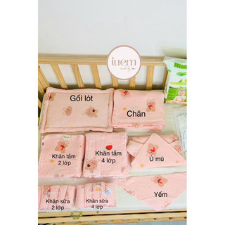 Iuem combo 8 món dành cho bé sơ sinh: chăn, gối, khăn tắm,khăn sữa, ủ, yếm