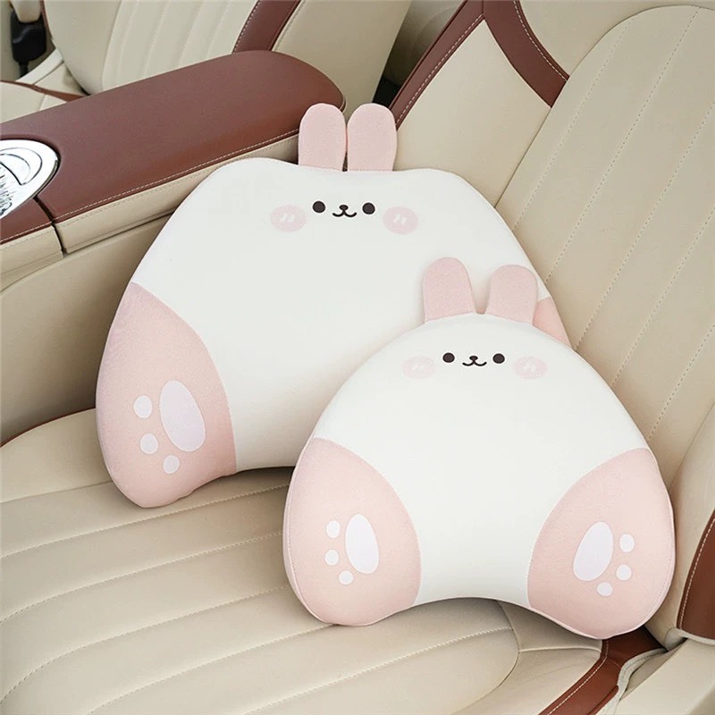 Gối Tựa Đầu Và Tựa Lưng Chất Liệu Cao Su Non Hình Thỏ Hồng Hoạt Hình Dễ Thương Cho Xe Hơi
