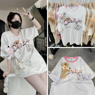 Áo phông nam nữ form rộng in chữ cate bear, áo thun nữ tay lỡ đính gấu chất liệu cotton thoáng mát