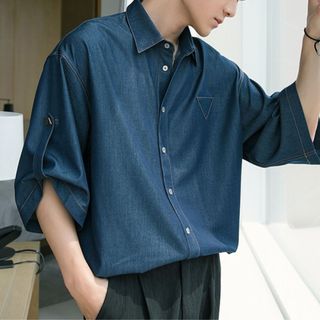 Áo Sơ Mi Ngắn Tay MANDO Chất Liệu Vải Demin Lụa Cao Cấp Thiết Kế Form Dáng Basic Hàn Quốc
