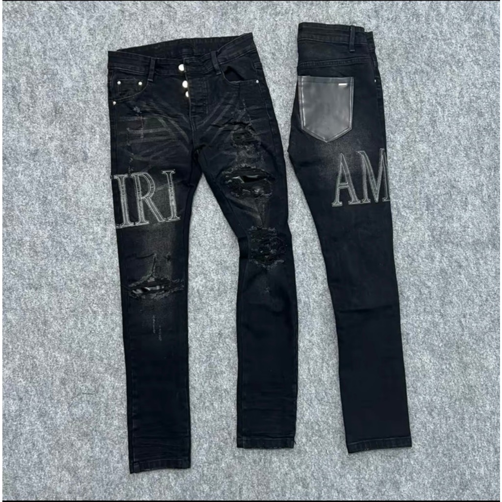 Quần jeans đen thêu chữ AMI túi da vá da chất bò co giãn ống ôm cao cấp HÓT-AHFASHION MENSWEAR