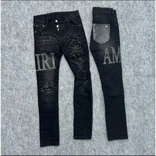 Quần jeans đen thêu chữ AMI túi da vá da chất bò co giãn ống ôm cao cấp HÓT-AHFASHION MENSWEAR