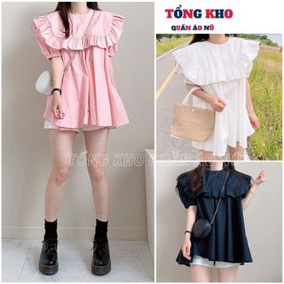 Áo babydoll tay bồng viền bèo tầng vạt cánh tiên chất thô mềm mịn phong cách retro Hàn Quốc - TONGKHO