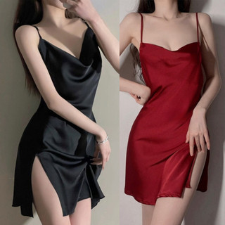 Váy ngủ lụa satin trễ ngực sexy, đầm hai dây mềm mại mát mẻ, kèm quần lọt khe - Sinni52