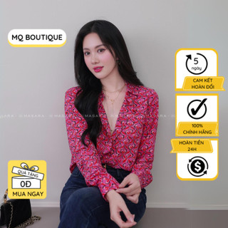 Áo lụa sơ mi cao cấp họa tiết trái tim dây nhỏ nền hồng công sở dáng thanh lịch, áo sơ mi thiết kế MQ Boutique