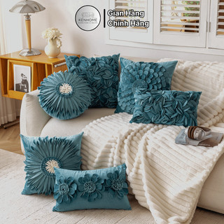 Gối Sofa Hoa Cúc Màu Xanh Navy, Gối Trang Trí Cao Cấp Sang Trọng Cho Phòng Khách, Khách Sạn, Kích Thước 45x45cm, KENHOME