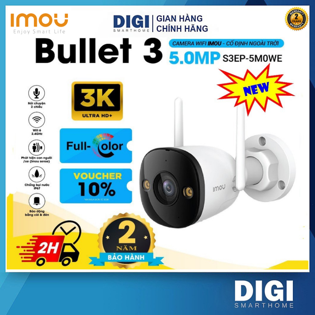 Camera Wifi IMOU BULLET 3 5MP, S3EP 3K 5MP, IPC-S3EP-5M0WE 5MP 3K | IPC-S3EP-3M0WE 3MP 2K,Full Color
