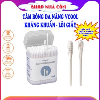 Tăm bông Vcool cao cấp ngoáy tai, ngoáy mũi cho bé. Hộp 200 cái, thiết kế 2 đầu tròn, bẹt.Dùng cho trẻ sơ sinh và trẻ em