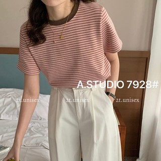 Áo thun nữ tay ngắn cổ tròn kẻ sọc nhiều màu hàng Quảng Châu A.Studio, áo phông hè form vừa chất cotton mát 7928 CT06
