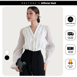 Áo sơ mi tay dài cổ v nhún bèo bbstore's -a2231