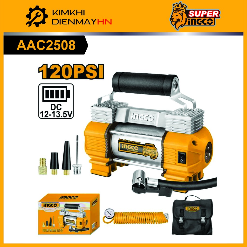 Máy bơm lốp ôtô 12V Ingco AAC2508 120PSI và AAC1408 140PSI, Máy bơm hơi cầm tay dùng pin 20v INGCO C