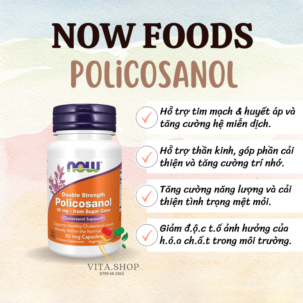 Now Foods Double Strength Policosanol 20mg - Viên uống hỗ trợ tim mạch, giảm cholesterol 90 viên