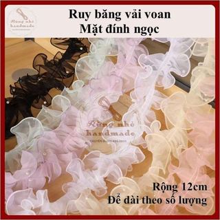 Ruy băng vải voan, mặt đính ngọc, rộng 12cm, ren voan đính ngọc Organza, làm trang trí xếp ly, bó hoa