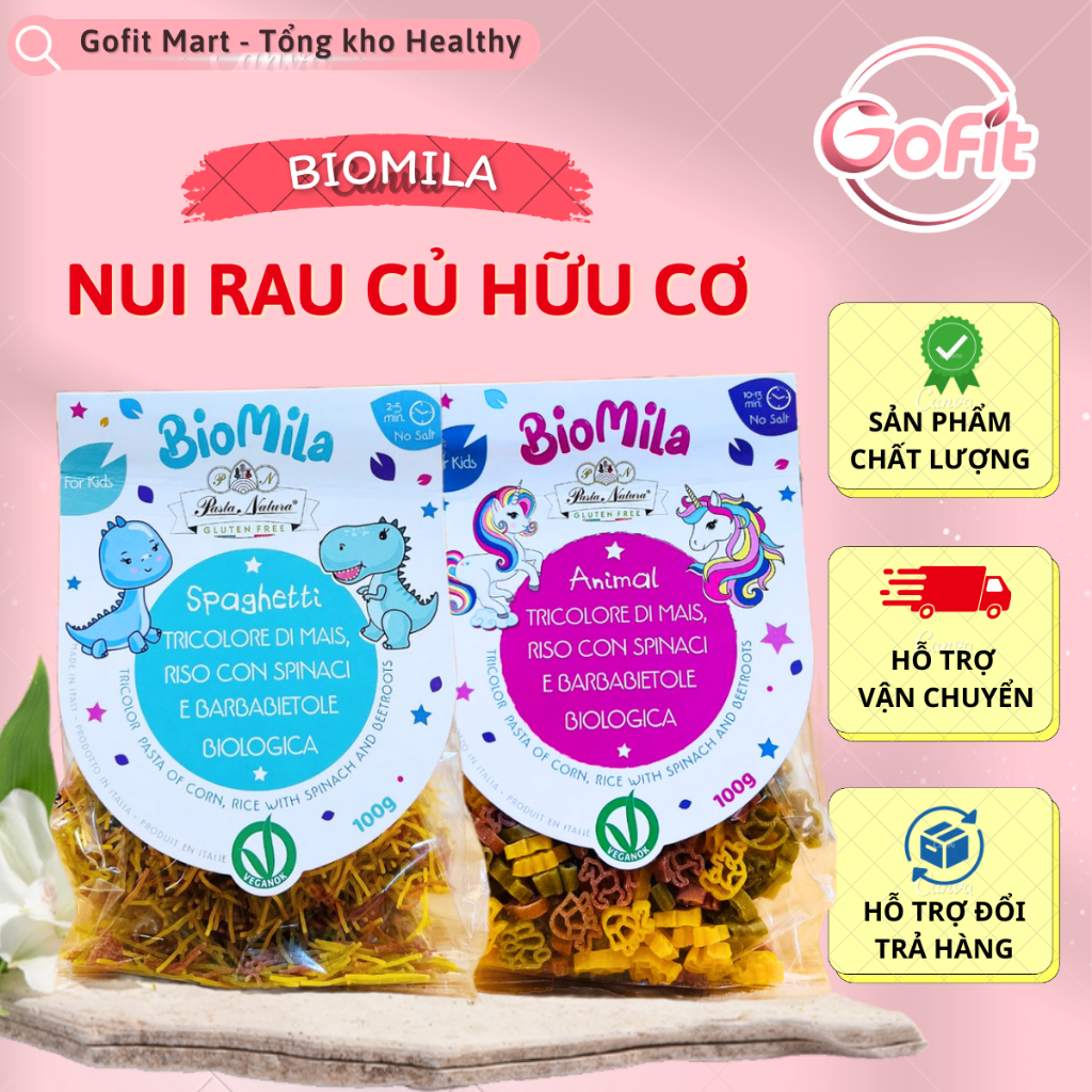 Nui Mì Rau Củ 3 Màu Hữu Cơ Biomila Pasta Natura (Không Gluten) 100gr Cho Bé Từ 6 Tháng 6m+, Gofit Ma