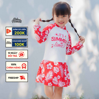 Đồ bơi áo tắm em bé BIKINI PASSPORT KID kiểu một mảnh tay dài váy bèo ngắn - Đỏ - KD017_RD