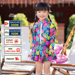 Đồ bơi áo tắm em bé BIKINI PASSPORT KID kiểu một mảnh tay dài váy bèo ngắn - Xanh navy - KD016_NV