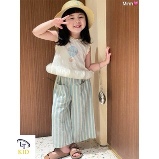 Sét áo ba lỗ viền bèo quần xuông kẻ xanh cho bé gái