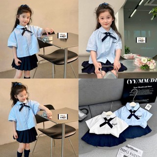 Sét áo sơ mi thêu an gel kèm cổ nơ chân váy xòe cho bé gái