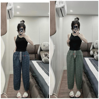 Quần jeans giấy ống bom mềm họa tiết cạp chun