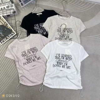 Áo thun nữ tay hến cổ tròn in chữ doing my art rút dây eo hàng Quảng Châu chất cotton, áo phông form vừa mùa hè 243102