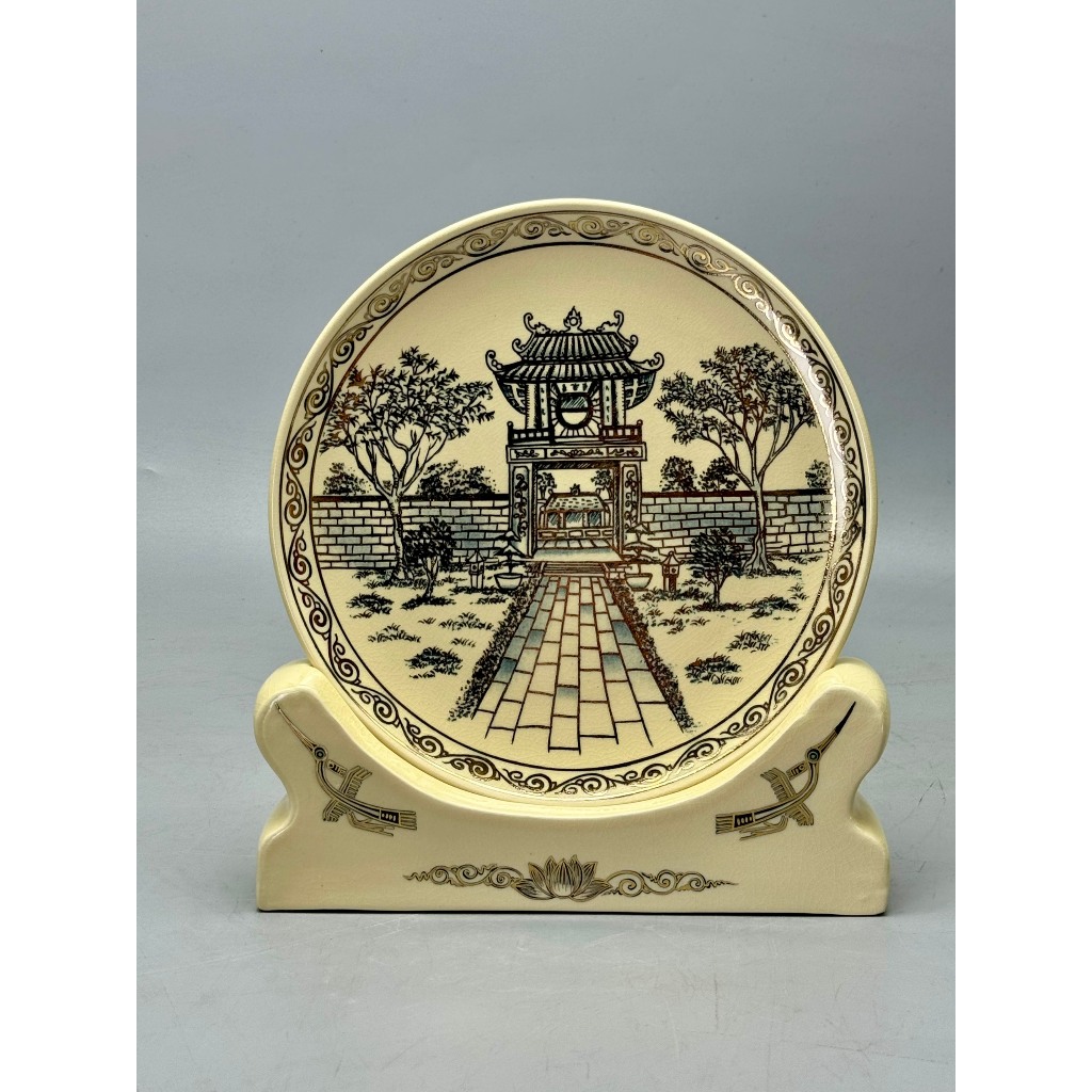 Đĩa vẽ cảnh khuê văn các đường kính 23 cm gốm chu đậu vẽ vàng