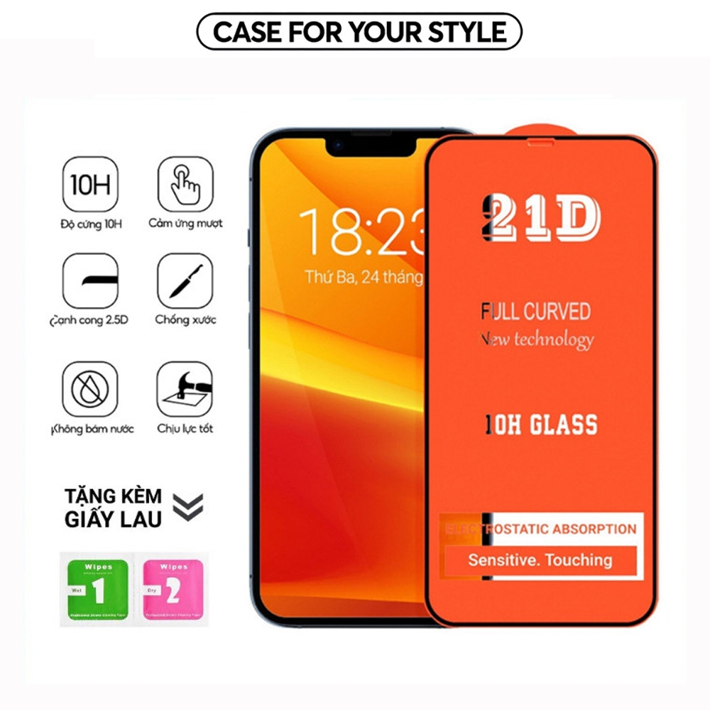 Cường Lực iPhone Cho 17 Pro Max/16 Pro Max/15 Pro Max/14 Pro Max Full Keo Màn Hình 21D (Màu đen)