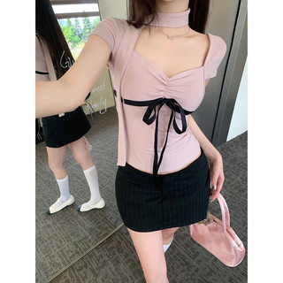 Áo kiểu nữ cổ vuông rút ngực đính dây buộc nơ kèm kèm belt cổ style Hàn Quốc 24512 hàng quảng châu loại 1 (Ảnh thật)