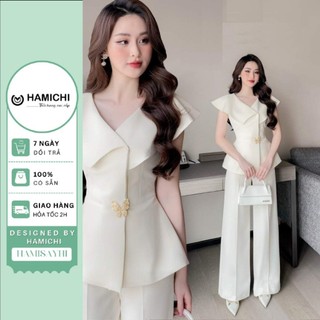 Set áo cúc bướm kèm quần ống suông 2 màu đen trắng sang trọng, thanh lịch
