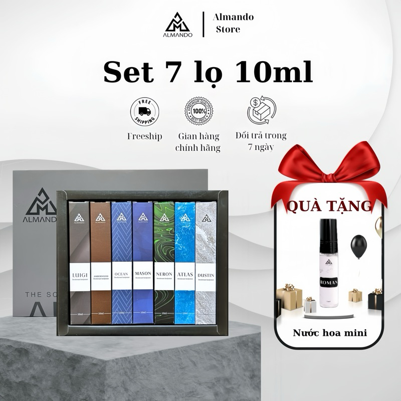 Body Mist Nam Almando , Set 7 Lọ Xịt Thơm Khử Mùi Nước Hoa Chính Hãng 10ml [ Tặng Quà Nước Hoa Mini ]