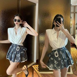 Set áo sơ mi trắng độn vai phối chân vây bò đai chéo H72