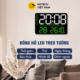Đồng hồ led để bàn, treo tường 2 khung giờ báo thức HOTECH có thời gian thứ ngày tháng nhiệt độ và đếm ngược DHO9H