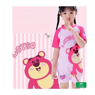 Bikini bé gái liền thân họa tiết kẻ sọc gấu Lotso. Set bộ bơi bé gái 10-40kg chất thun bơi đẹp