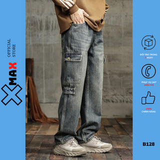 Quần jean nam túi hộp cargo pants XMAX dáng suông dài cap thường ống rộng, quần bò cargo pant B128