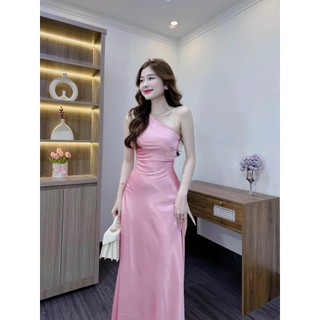 Đầm Lụa Satin - Thiết Kế Dịu Dàng Nữ Tính, Dài Xòe Nhấn Eo, Áo Trễ Vai 1 Bên - Mặc Đi Chơi - Đi Tiệc
