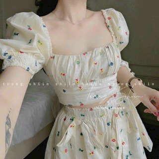 Sét bộ đùi nữ chất LỤA Ý LOẠI DÀY in hoa hoạ tiết cổ vuông, áo ngắn tay phồng crotop phối quần đùi lưng thun