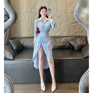  Sét váy công sở mặc đi chơi chất lụa sọc xanh áo sơ mi tay dài phối chân váy xẻ bèo dây kéo QC 